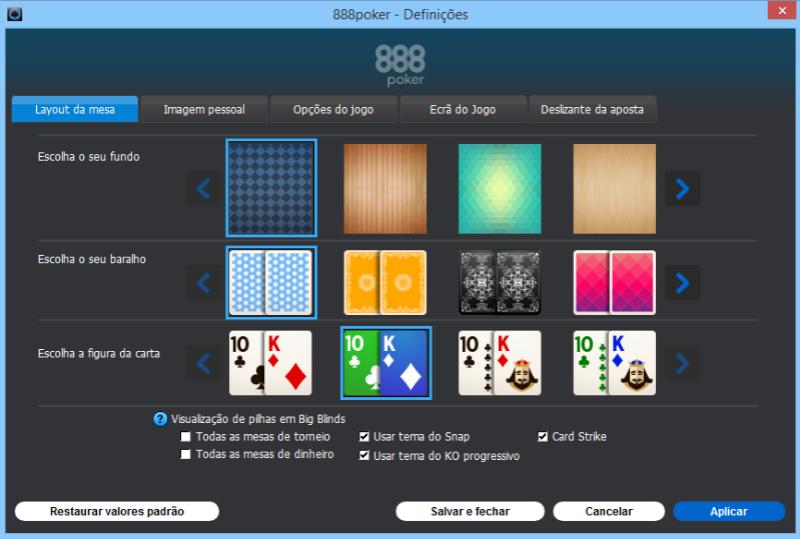 888Poker configurações de layout da mesa de jogo