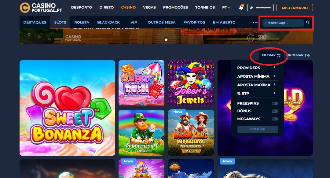 Filtros de pesquisa e motor de busca de jogos de casino no Casino Portugal