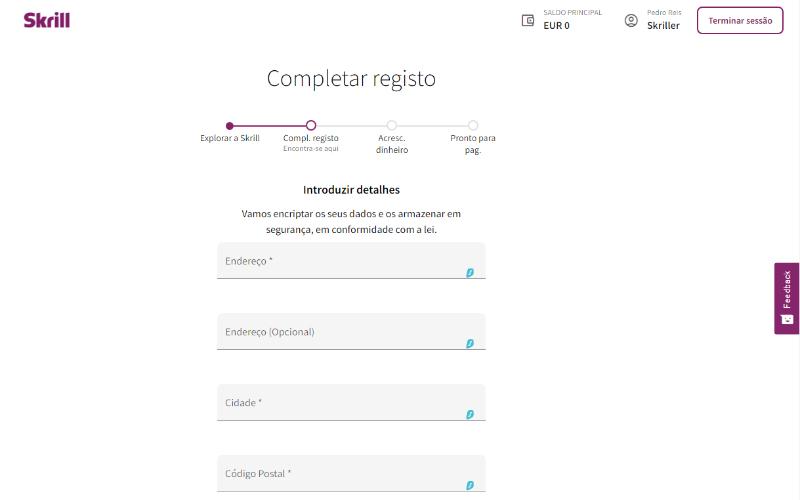 Formulário de registo da Skrill