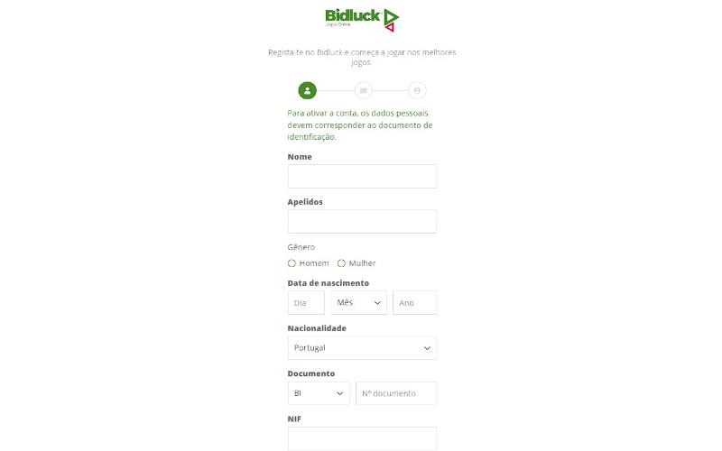Formulário de registo na Bidluck