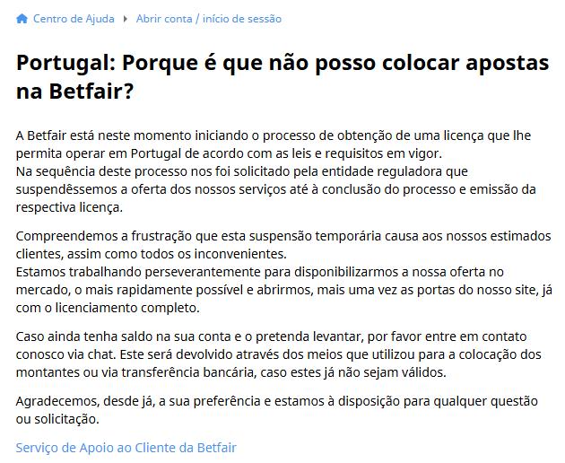 Resposta do Suporte da Betfair