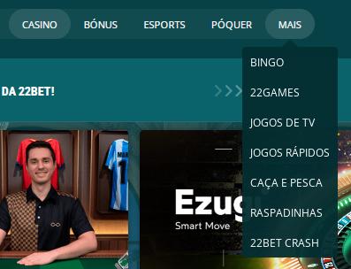 Menu mais filtros de pesquisa do casino 22bet