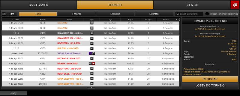 Registo torneios ESC Online Poker