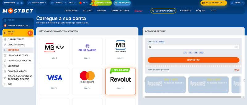 Mostbet: depósito com Revolut