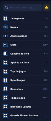 1Win categorias e filtros de Casino