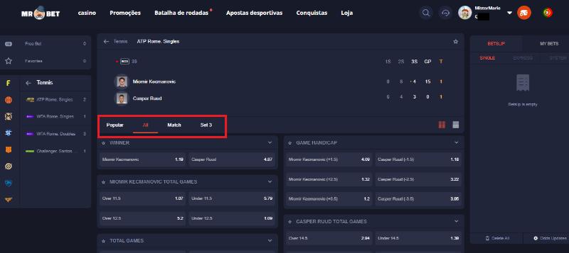 Mr Bet filtro de mercados de apostas