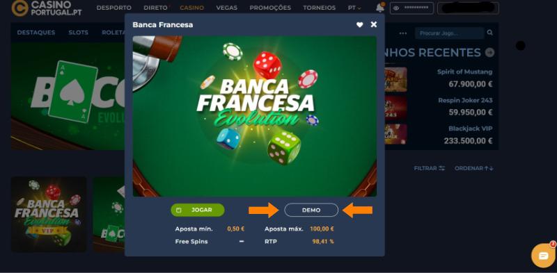 Versão de demonstração da banca francesa no Casino Portugal