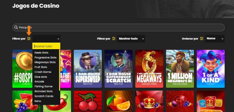 Filtros de pesquisa e secção de jogos de casino Lucky Lotus