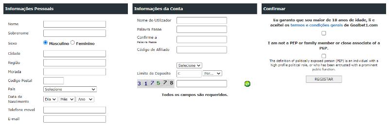 Formulário de registo na Goalbet