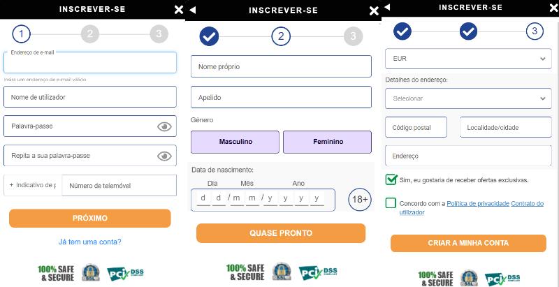 Formulário de registo para criar conta na GratoWin