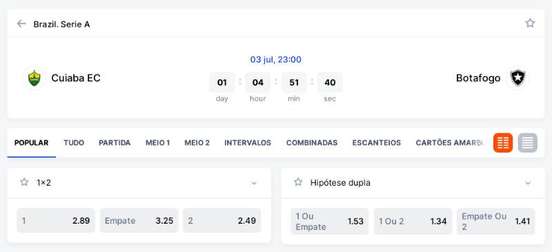 Mercados de apostas desportivas de um jogo na VulkanBet