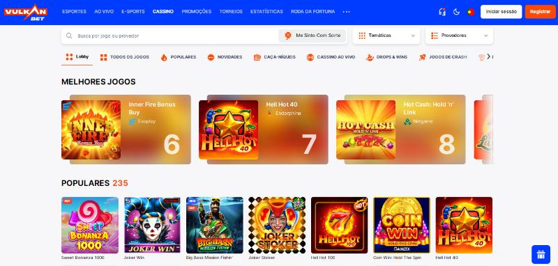 Layout principal da página de casino VulkanBet