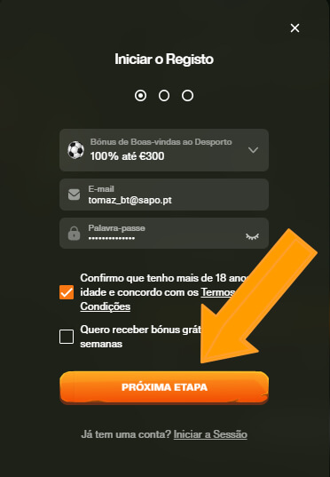 Formulário para cirar conta na CashWin