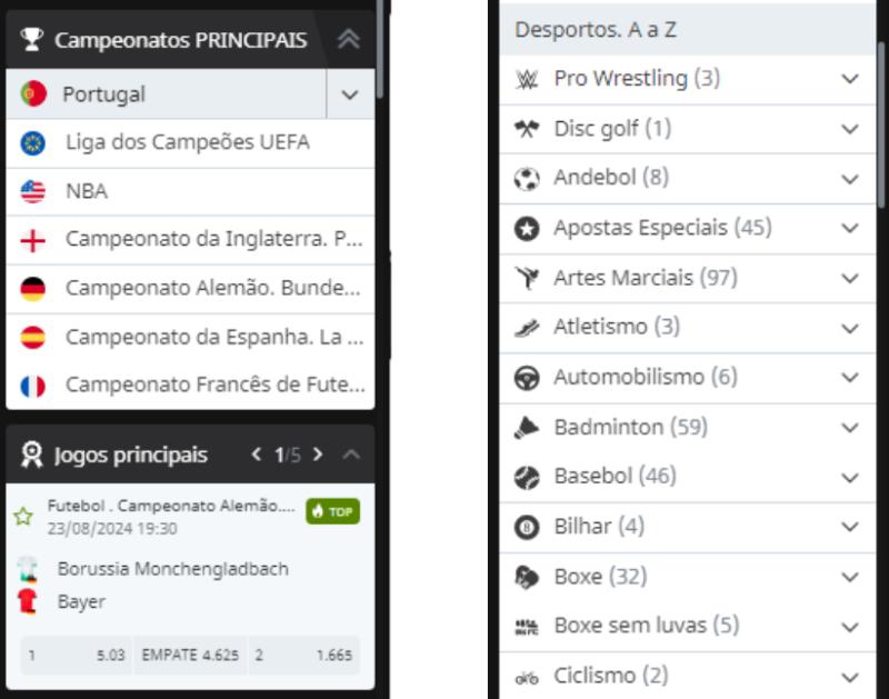 Prinicpais filtros de pesquisa de apostas WinWin Bet