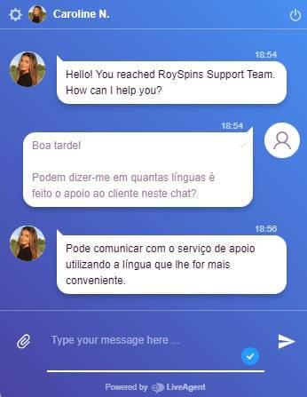 Conversa com o chat ao vivo do RoySpins sobre o idioma utilizado