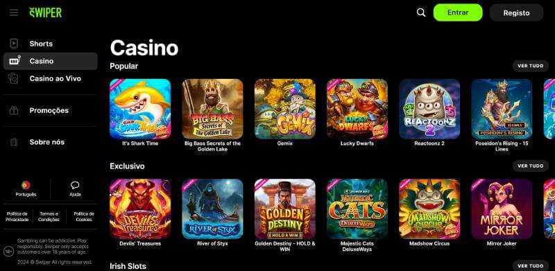 Swiper Casino homepage