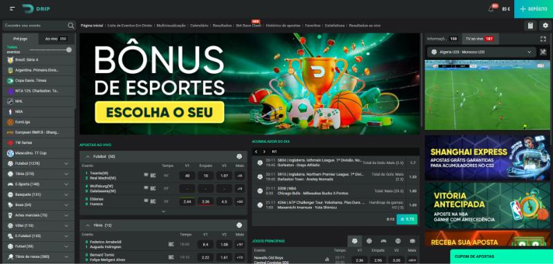 Transmissão de um jogo de futebol no Drip Casino e banner com o bónus de desporto