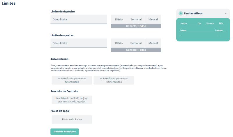 Formulário para impor limites nos depósitos e apostas